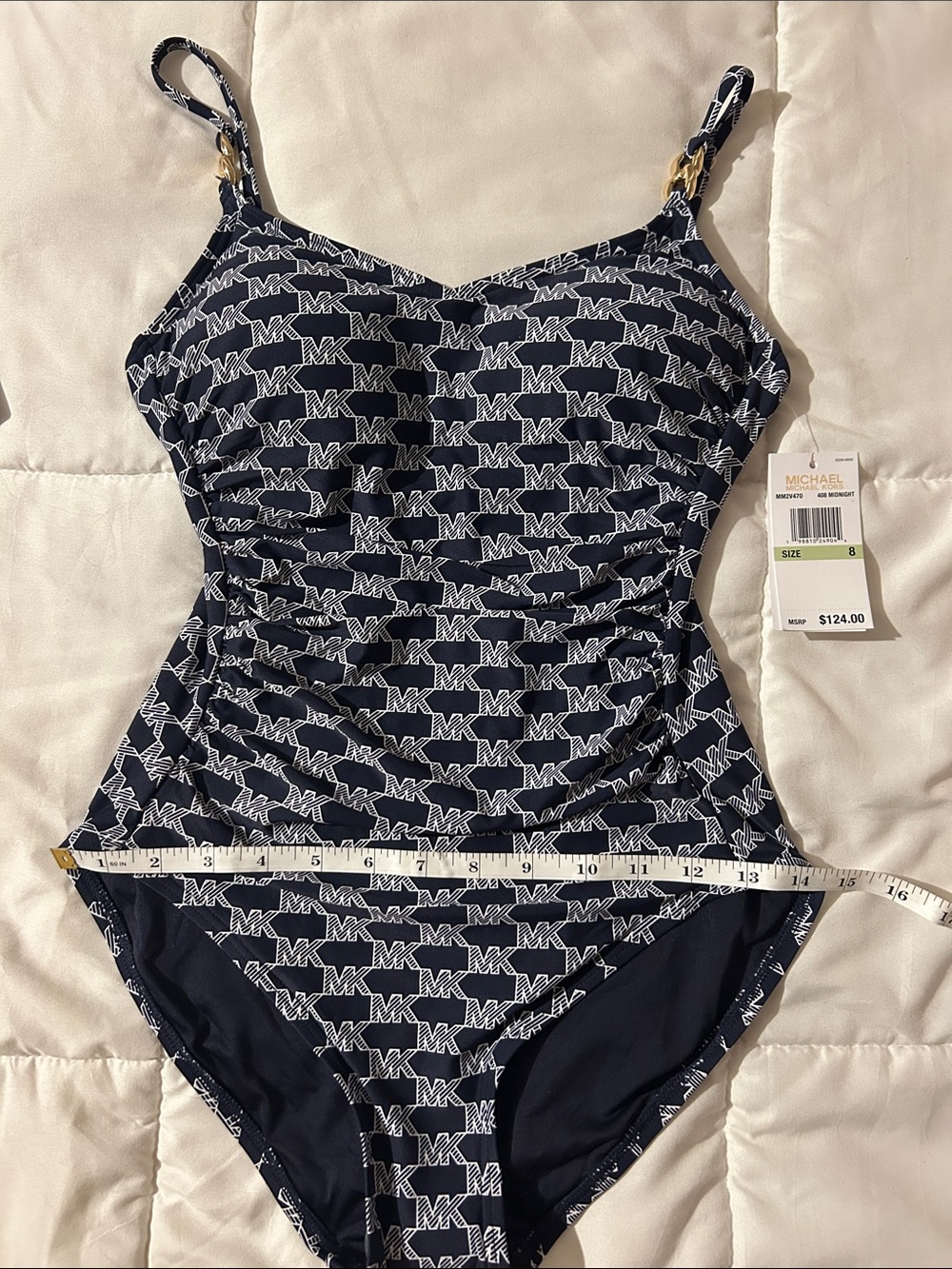 Michael Kors Navy and White MK-Logo One-Piece Swimsuit